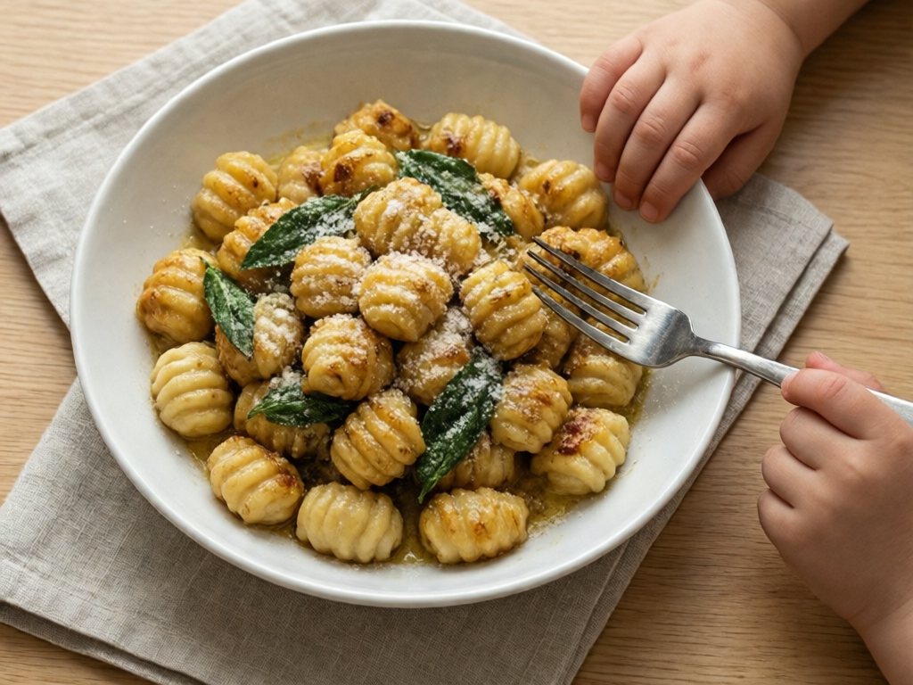 Bowl of fork-ridged potato gnocchi in brown butter with crisp sage leaves and grated Parmesan