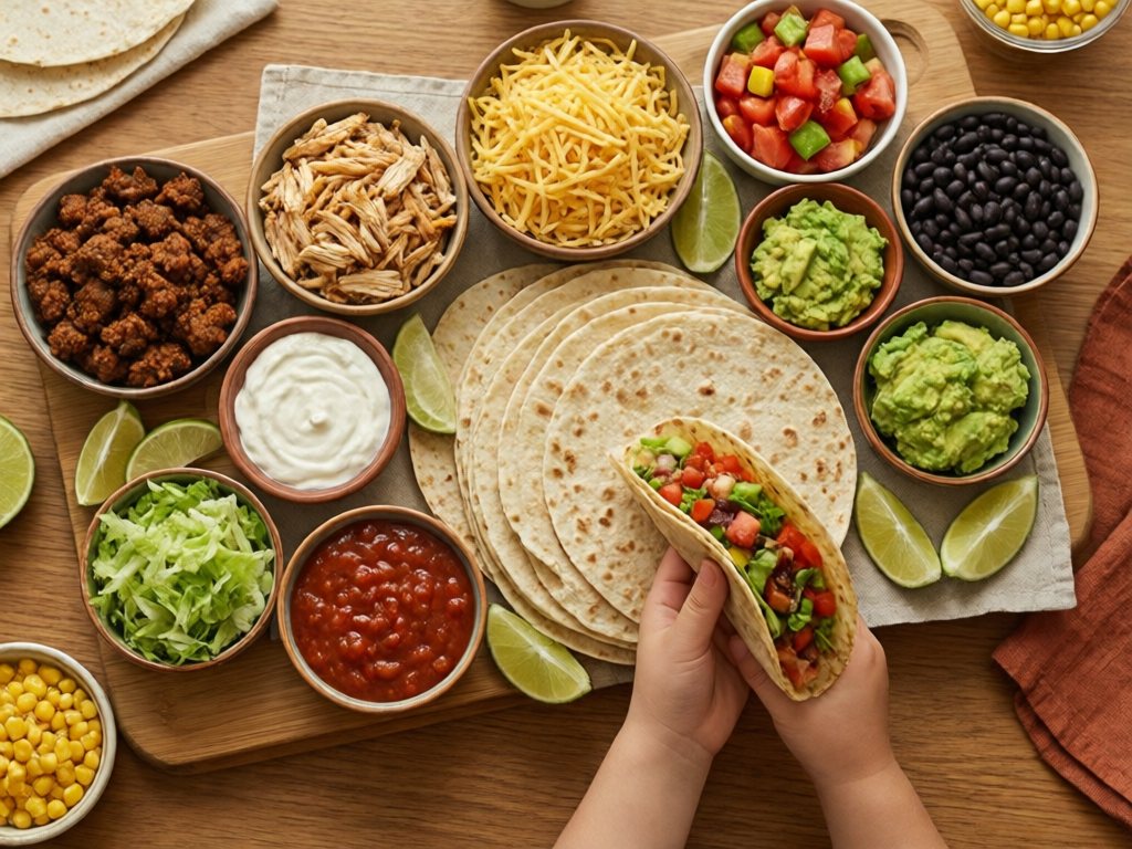 Taco toppings bar of small bowls around warm soft tortillas with a child's hand holding a taco