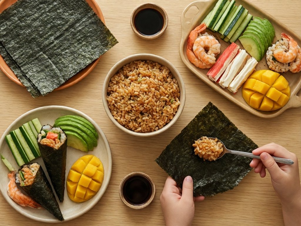 Hand-roll sushi setup with nori, rice, and fillings, with a child's hand building a cone roll; shrimp and imitation crab are optional fillings