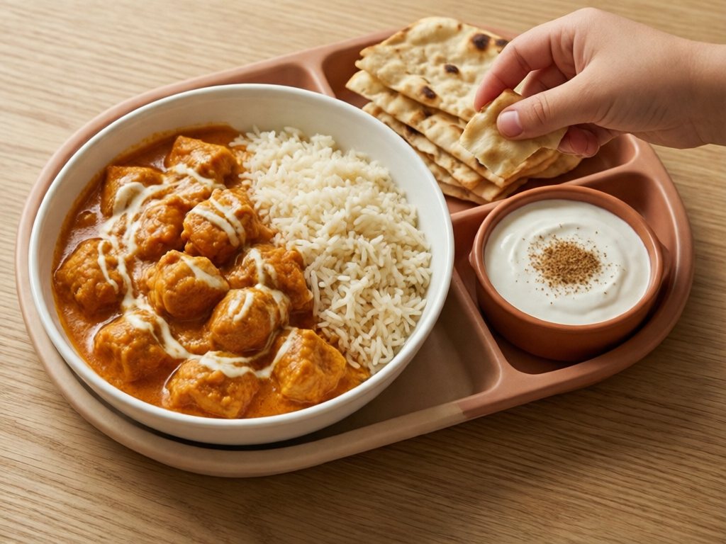 Bowl of mild orange butter chicken with basmati rice, naan strips, and yogurt dip
