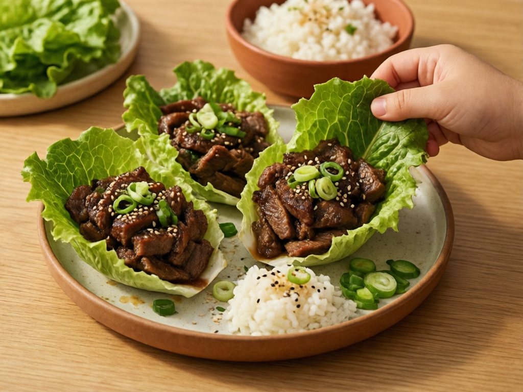Butter lettuce cups filled with bulgogi beef, rice, sesame seeds (optional), and green onion, with a child's hand lifting one