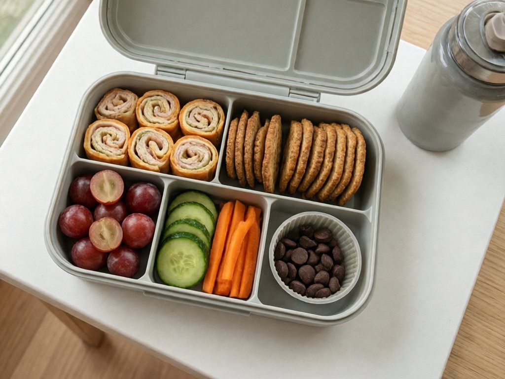 Open five-compartment lunchbox with turkey roll-ups, crackers, grapes, cucumber, carrots and chocolate chips