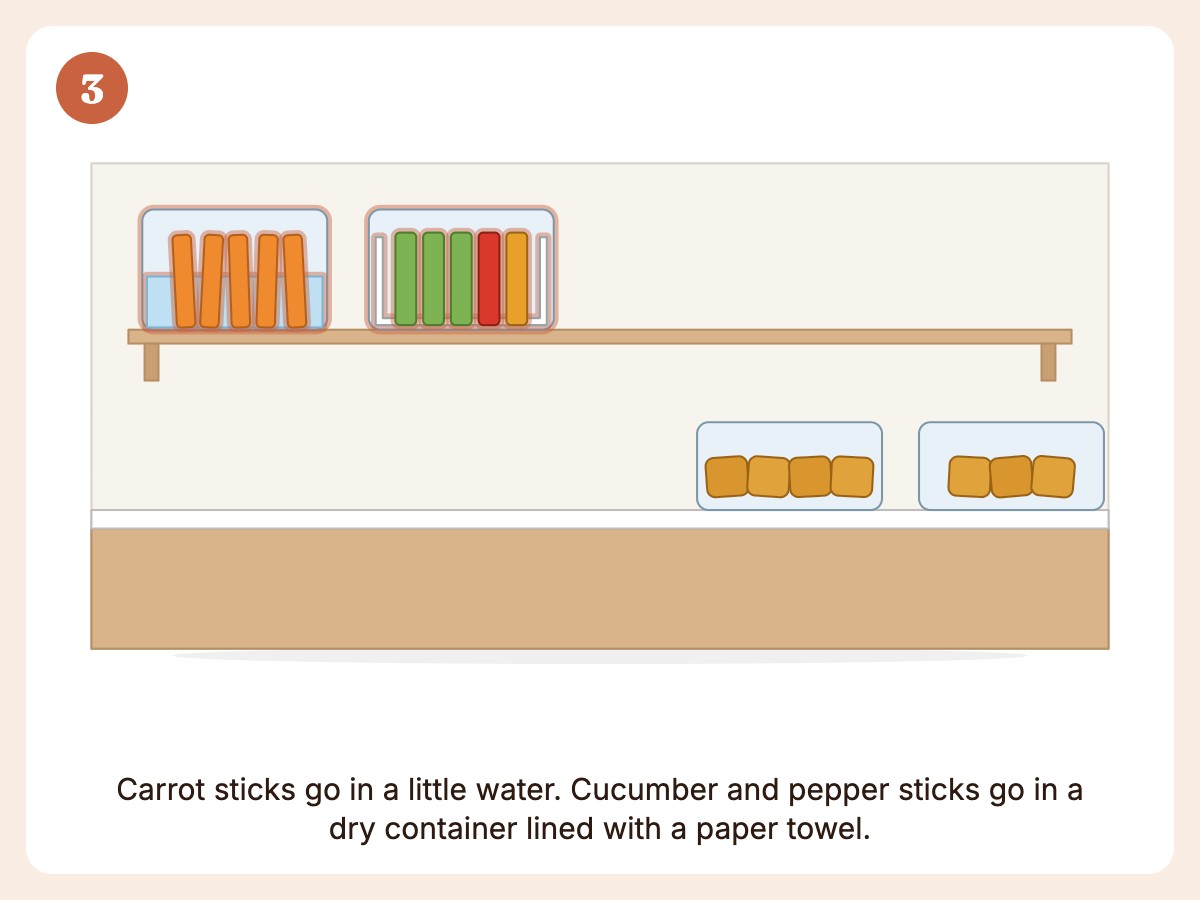 Step 3: Cut carrot sticks and store them in water; keep cucumber and pepper dry on a paper towel