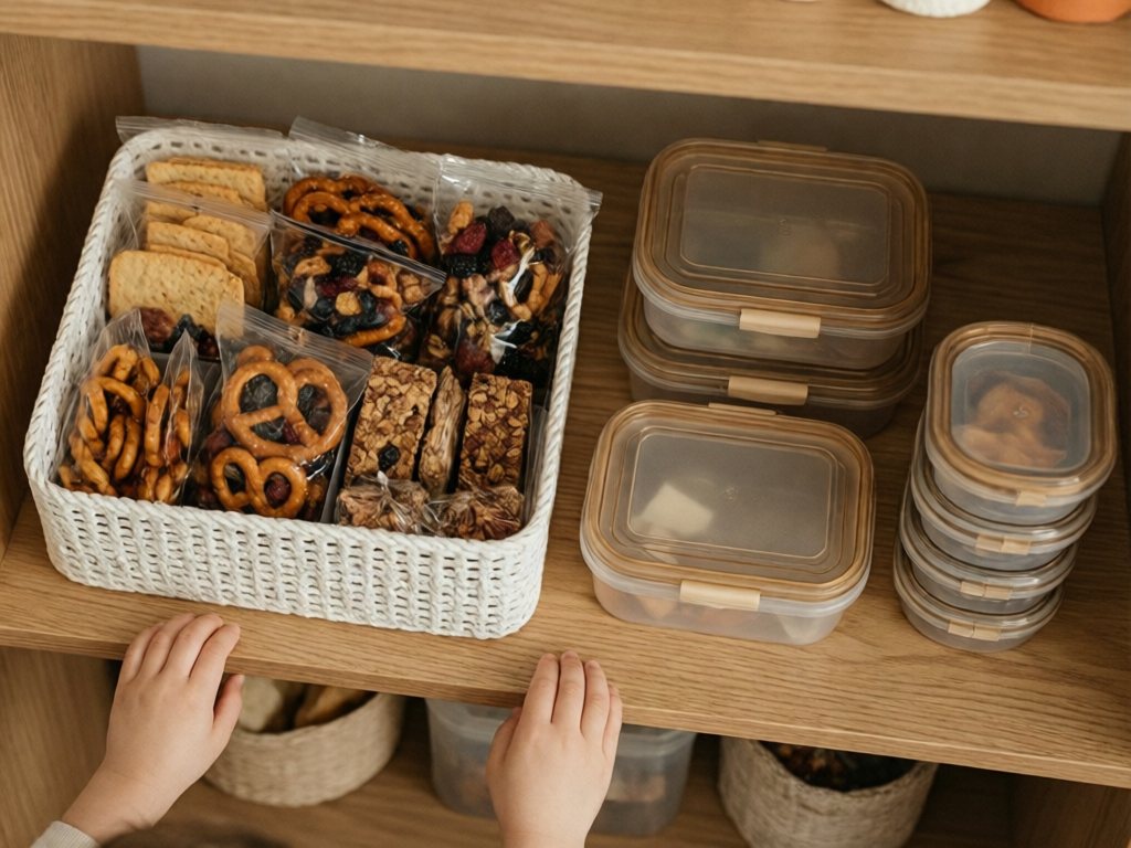 Pantry bin of pre-portioned snack bags with lunchboxes staged beside it
