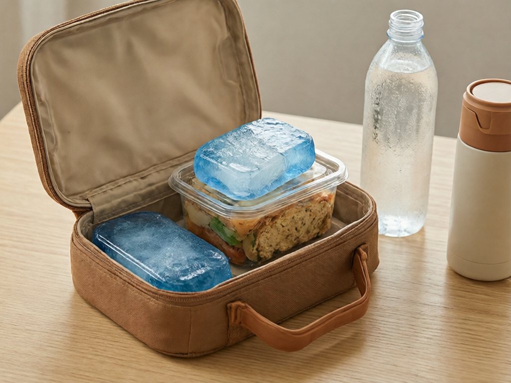 Open insulated lunchbox with two ice packs, a food container and a frozen water bottle