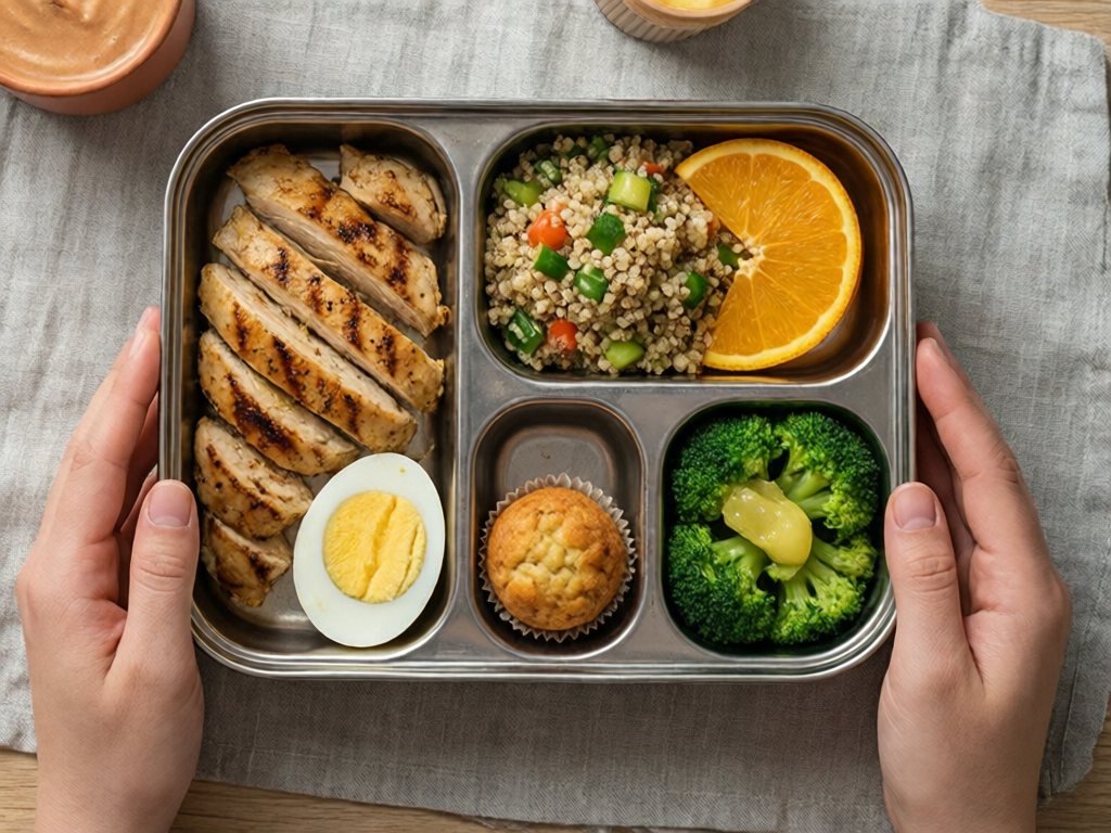 Stainless steel bento with chicken, egg, quinoa salad, orange slices, steamed broccoli with lemon and a mini muffin