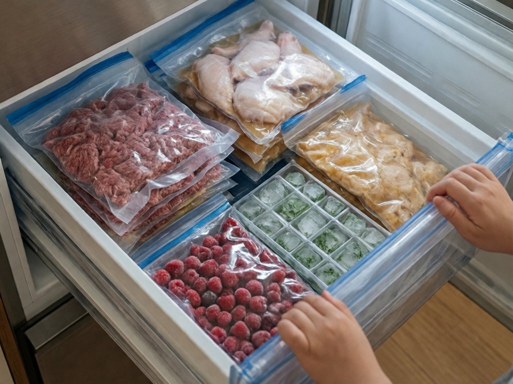 Open freezer drawer with flat stacked bags of soup, ground beef, chicken thighs, berries and herb cubes