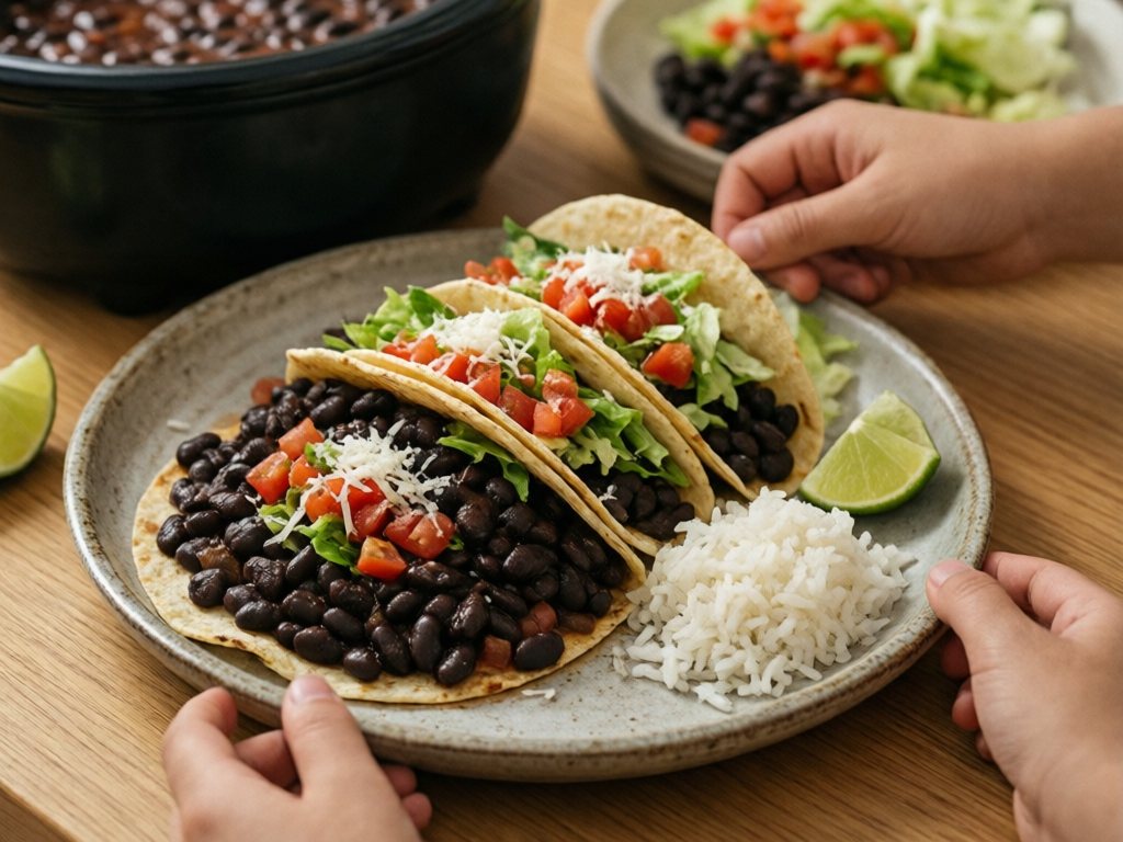 Three black bean tacos with tomato, lettuce and cheese on a plate with rice beside a slow cooker of beans