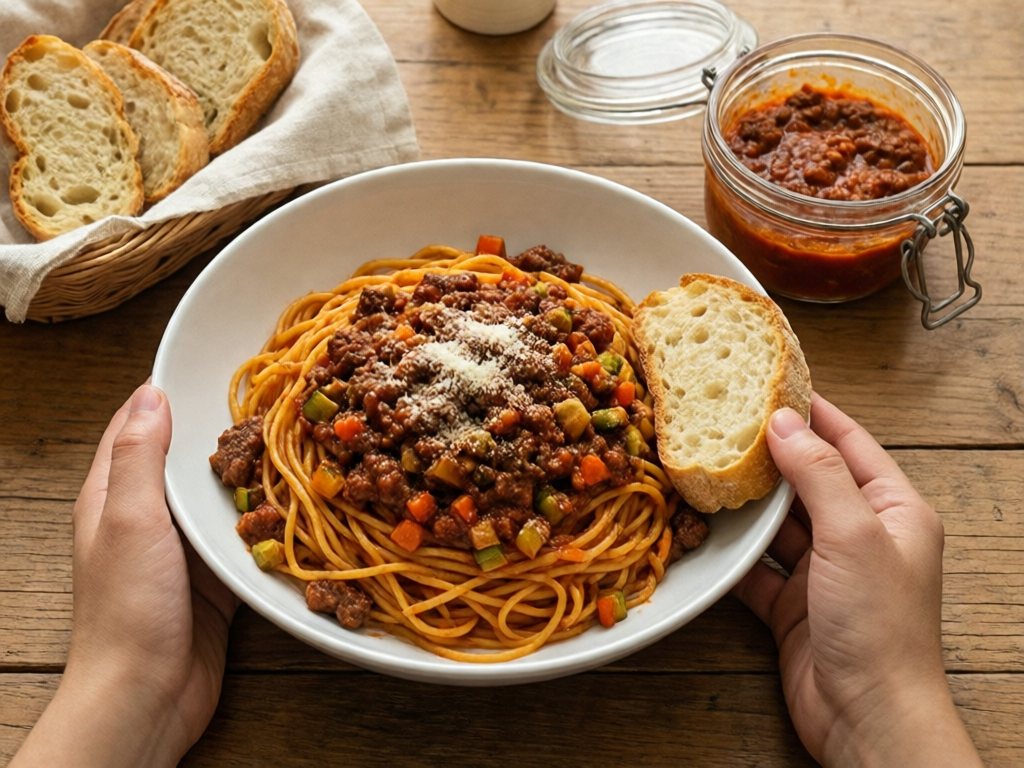 Bowl of spaghetti with veggie-stretched meat sauce, garlic bread and a container of extra sauce