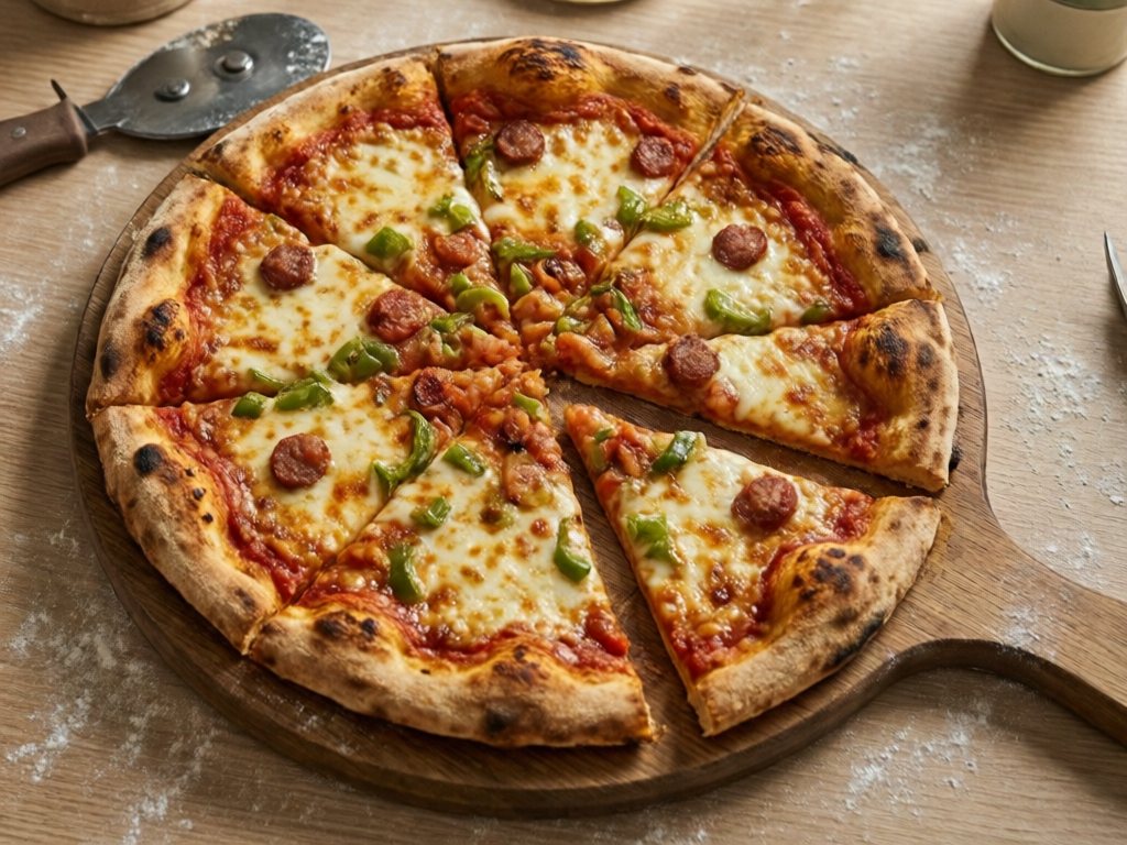 Homemade pizza with golden crust, melted cheese and peppers on a wooden board
