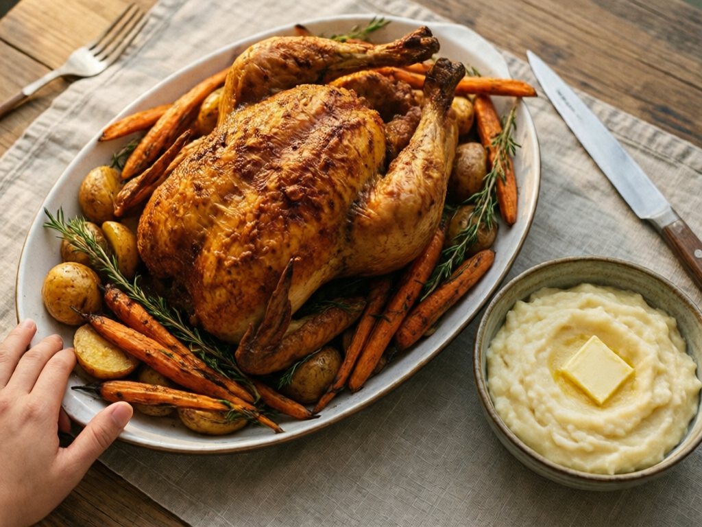 Whole roasted chicken on a platter with roasted vegetables and a bowl of mashed potatoes