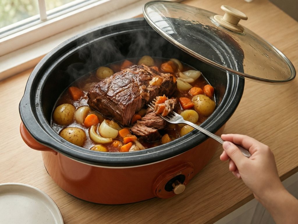 Open slow cooker with fork-tender chuck roast, baby potatoes, carrots and onion in broth