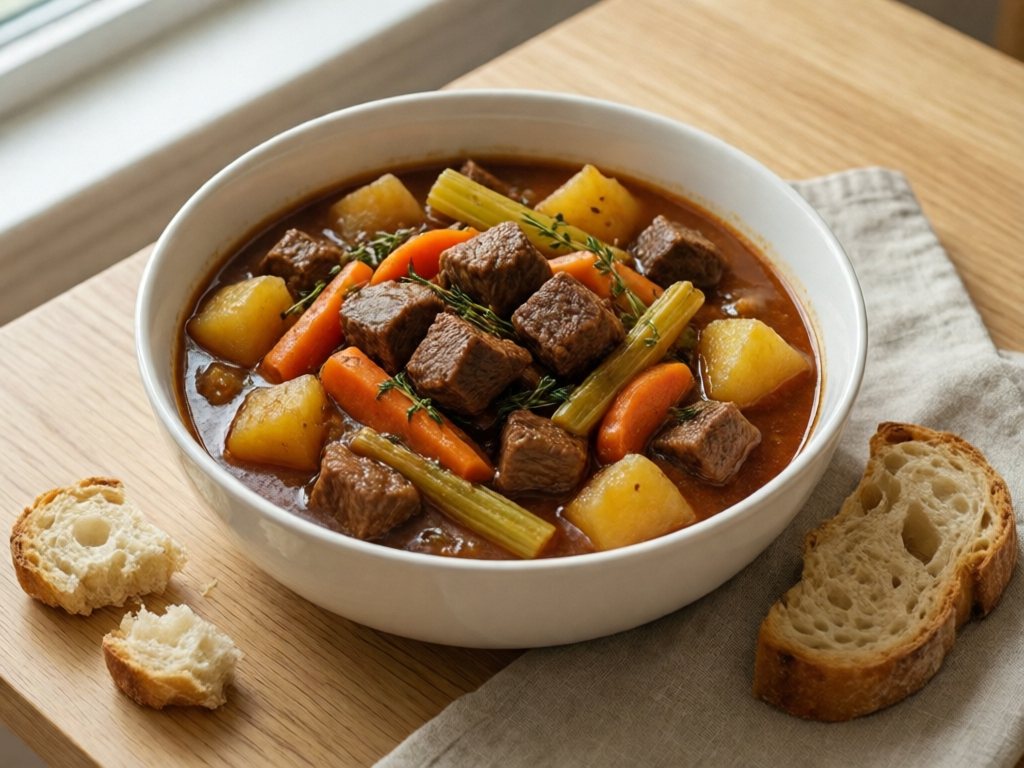 White bowl of beef stew with beef, potatoes and carrots beside torn crusty bread