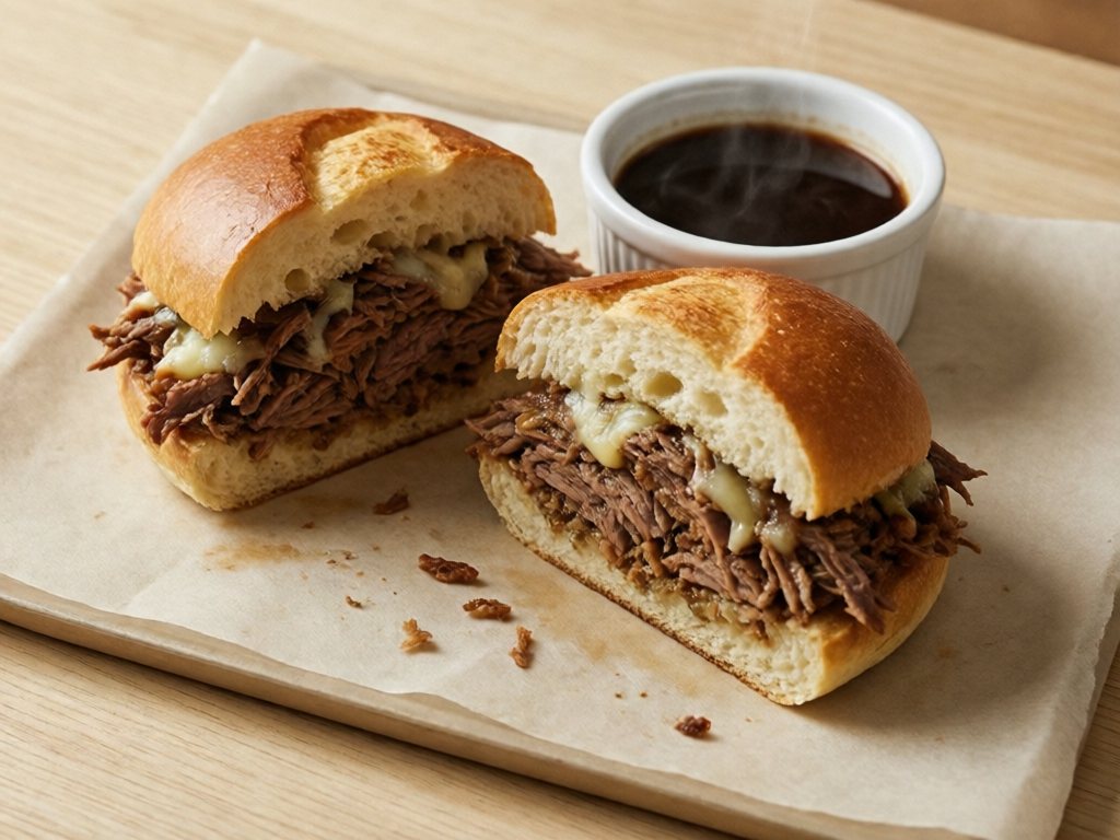 French dip sandwich with shredded beef and provolone beside a ramekin of au jus