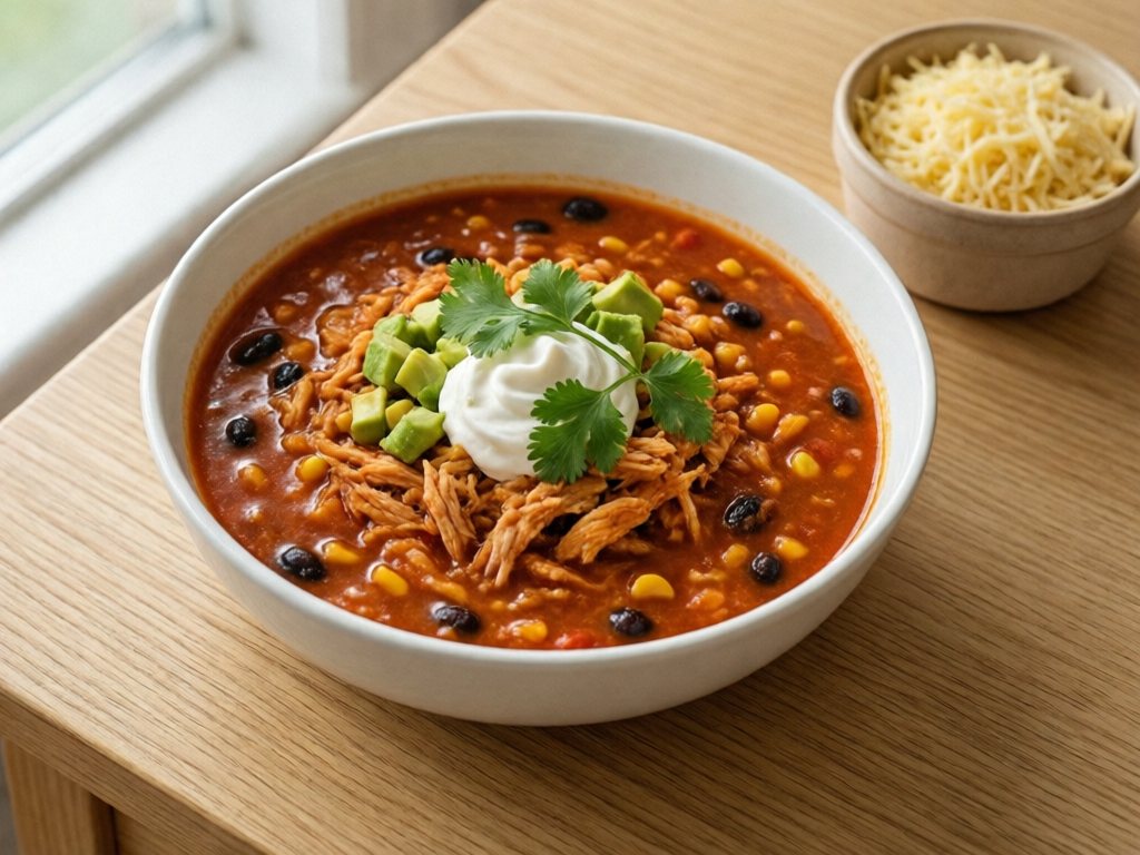 Bowl of chicken tortilla soup with beans, corn, avocado and sour cream