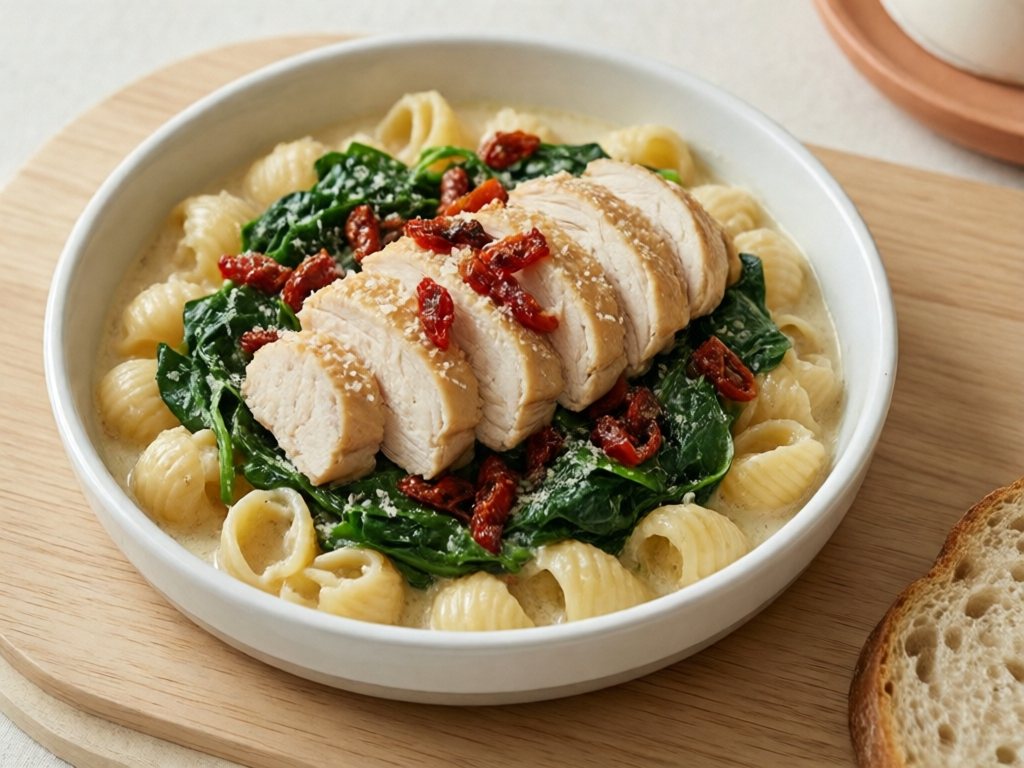 Creamy Tuscan chicken with spinach and sun-dried tomatoes over small pasta