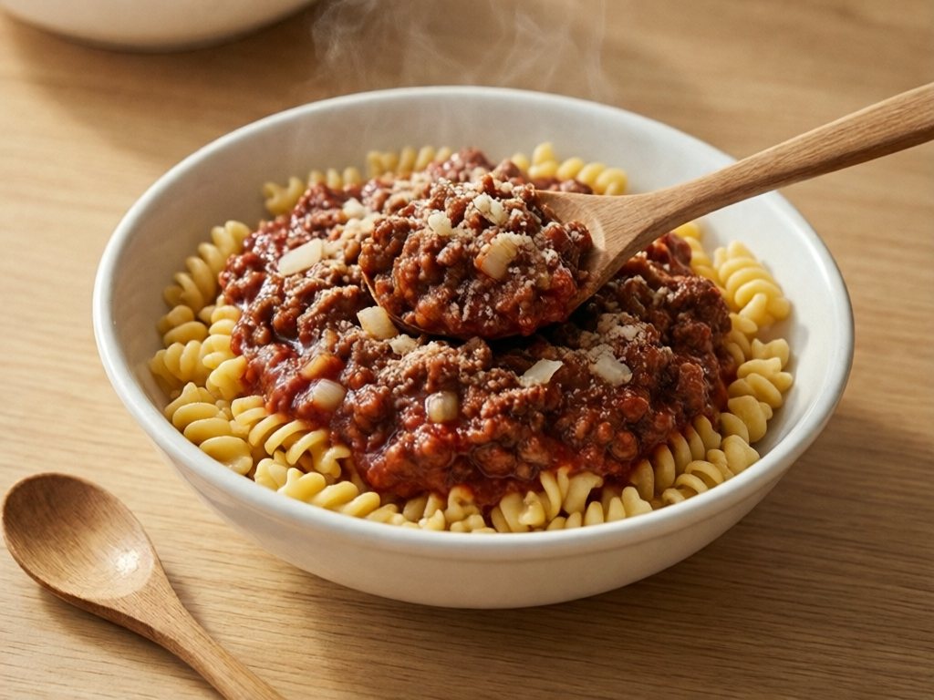 Bowl of short pasta topped with thick ground beef spaghetti sauce and parmesan
