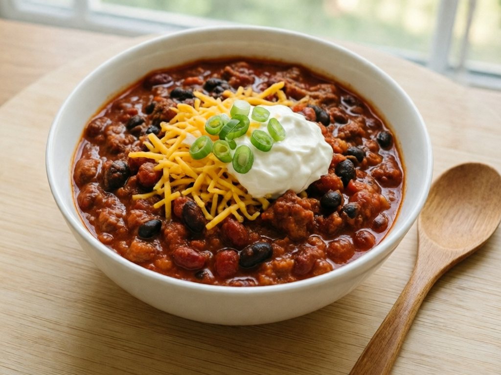 Bowl of ground beef and bean chili topped with cheese, sour cream and green onions