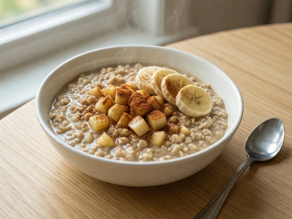 Bowl of steel-cut apple cinnamon oatmeal topped with banana slices and cinnamon