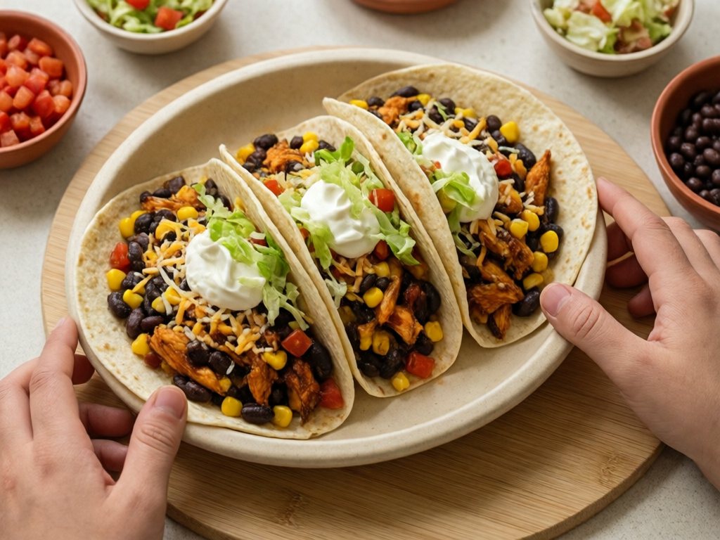 Shredded chicken tacos with black beans, corn, cheese, lettuce and tomato on a counter