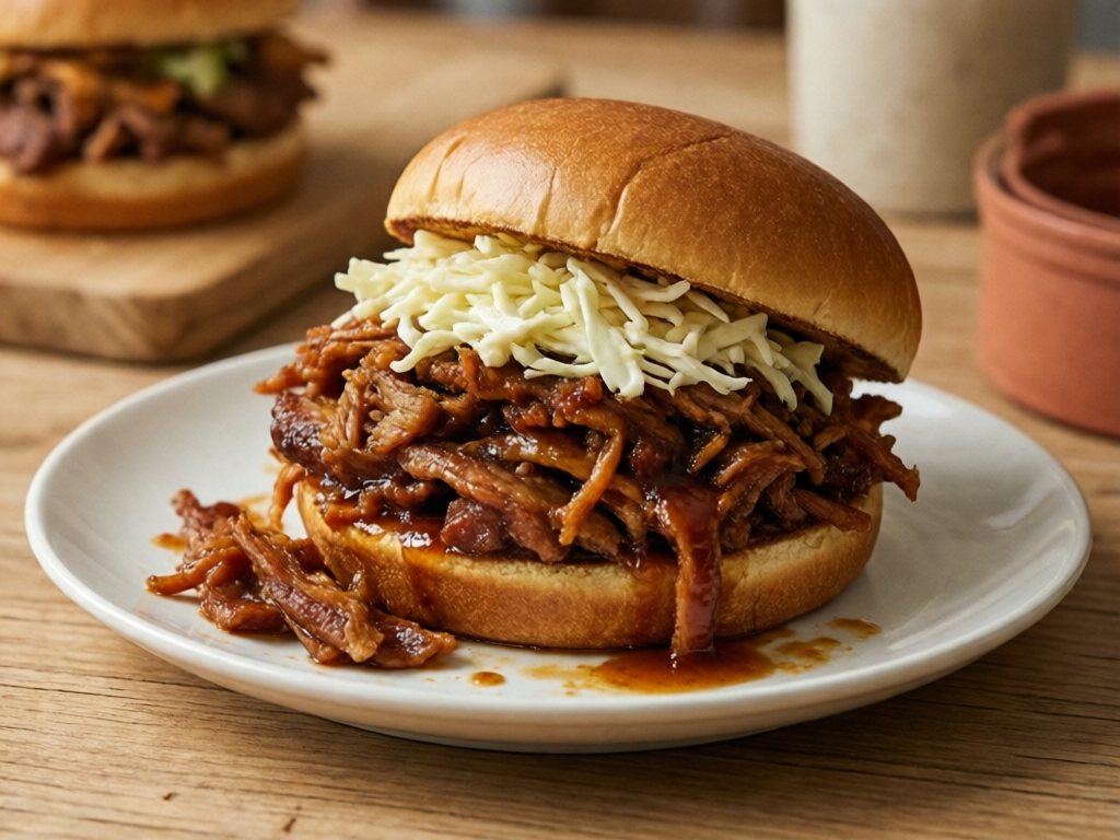 Pulled pork sandwich with BBQ sauce and coleslaw on a toasted bun
