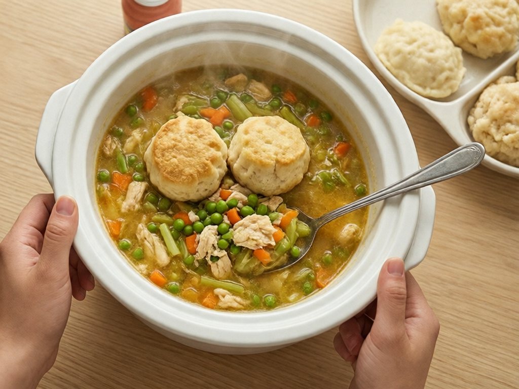Bowl of chicken and dumplings with peas, carrots and fluffy dumplings