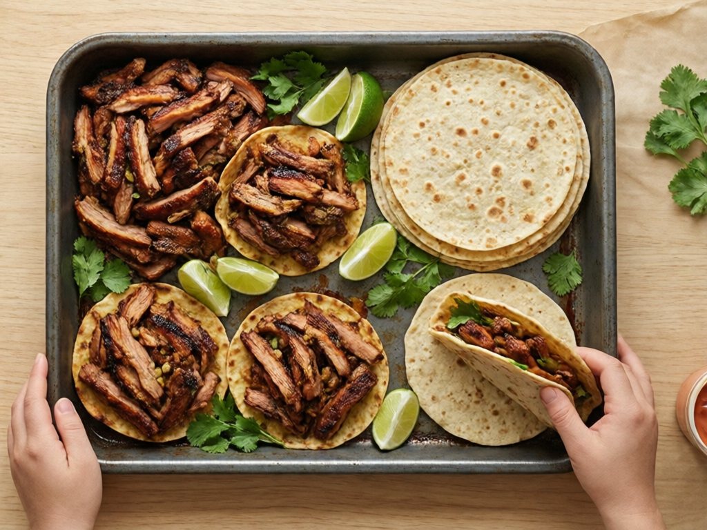 Crispy shredded pork carnitas on a sheet pan with tortillas, lime wedges and cilantro