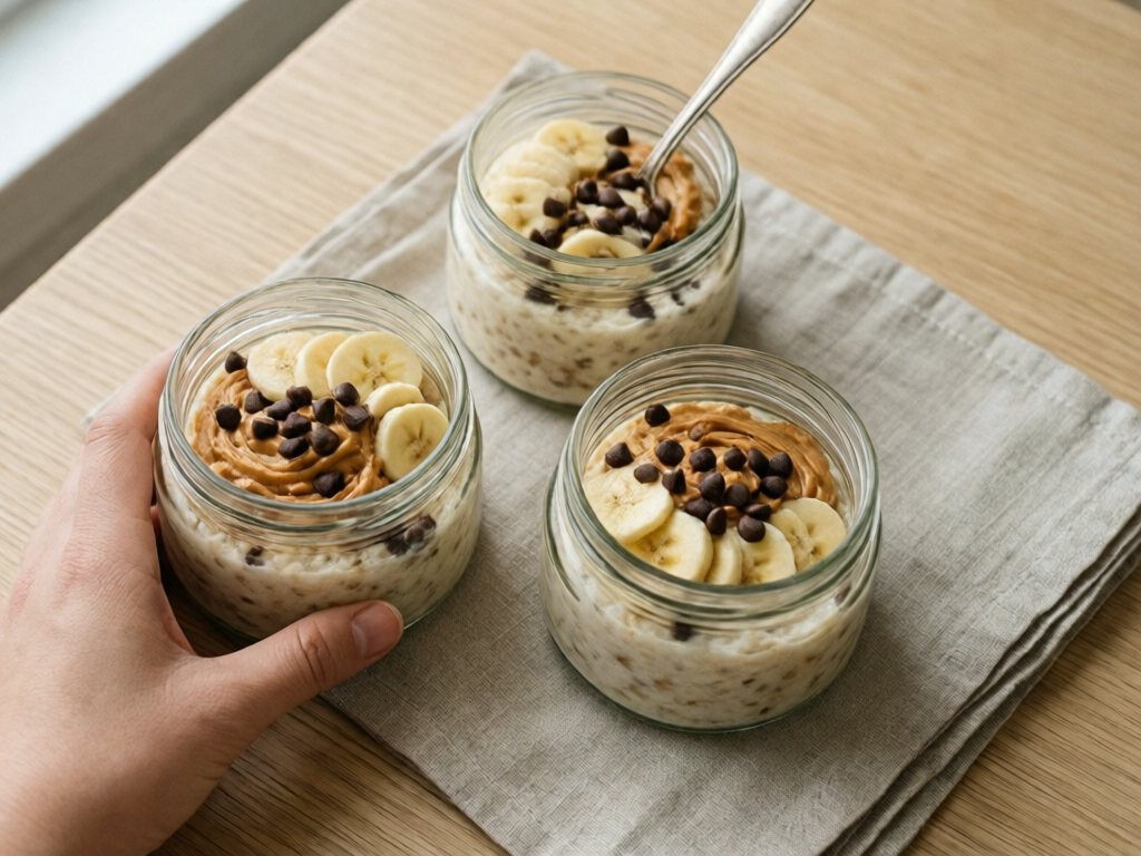 Three glass jars of peanut butter banana overnight oats with mini chocolate chips on a wooden table