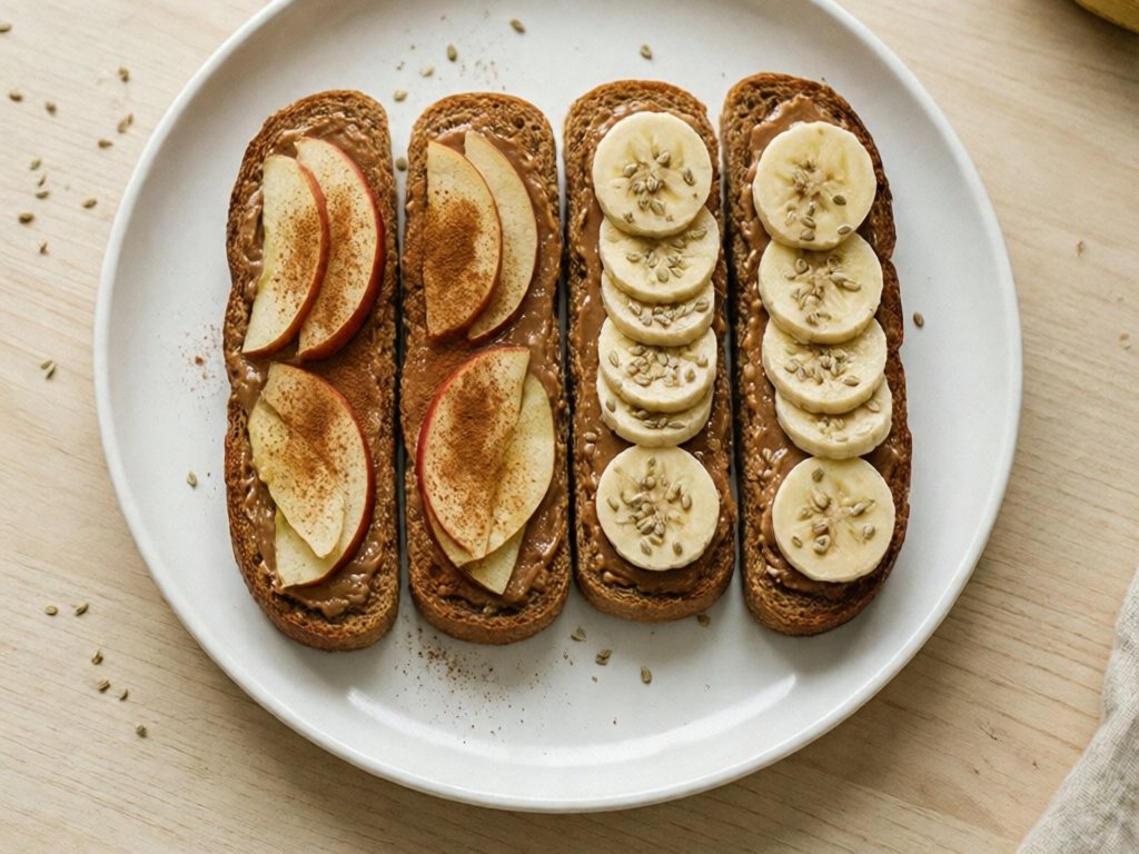 Whole grain toast strips with thin nut butter, apple and cinnamon, and banana with hemp hearts