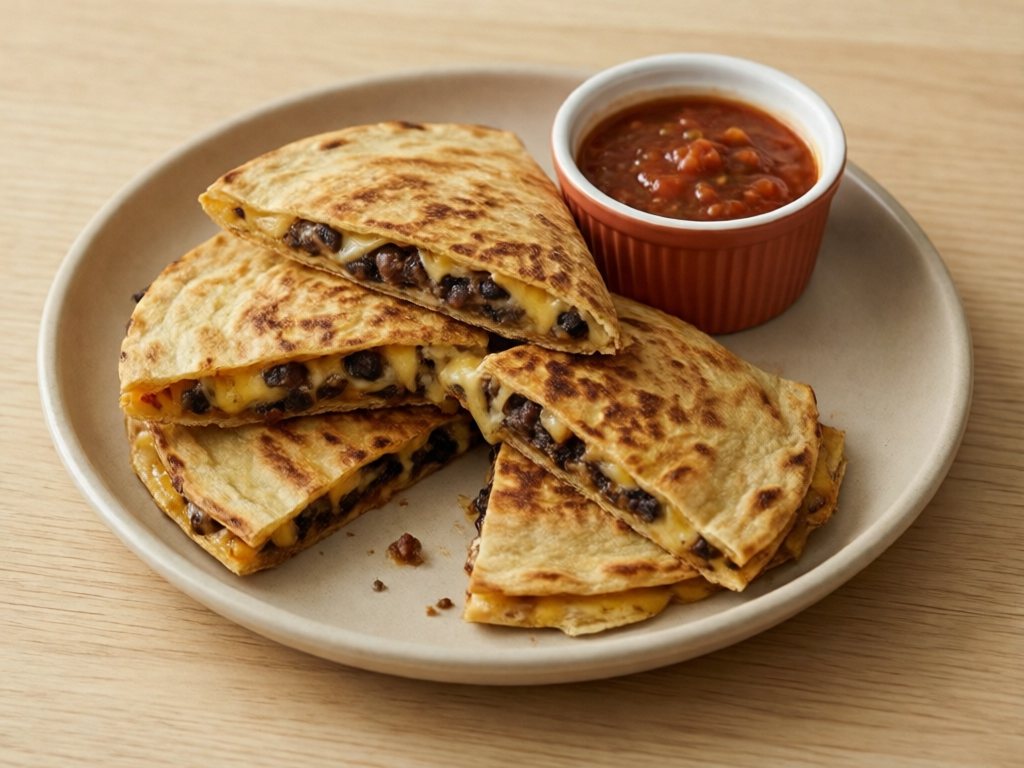Bean and cheese quesadilla cut into small triangles with melted cheese visible