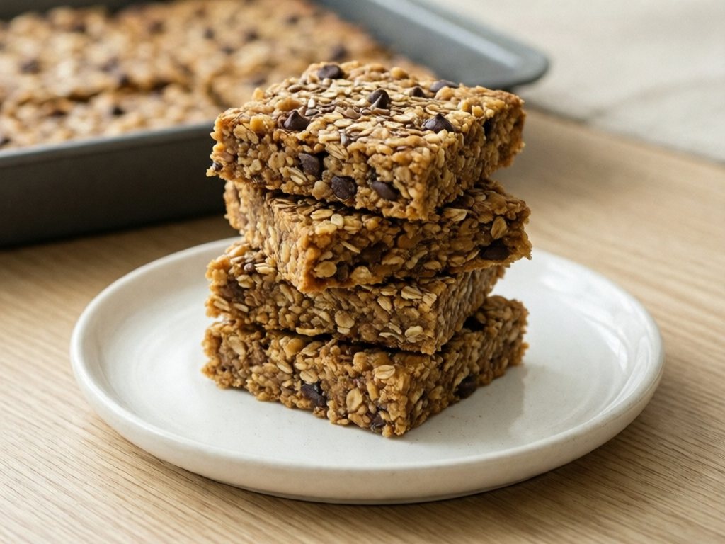 Stack of square no-bake peanut butter oat bars with chocolate chips