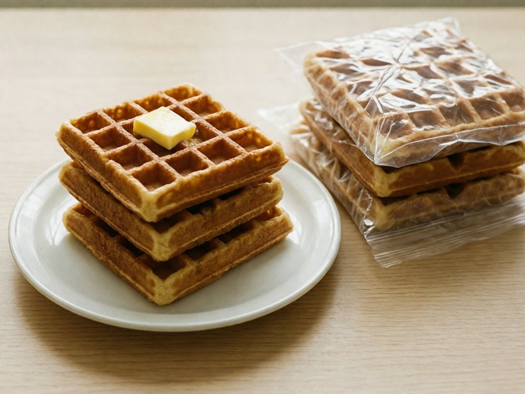 Stack of golden homemade waffles beside a freezer bag of extra waffles