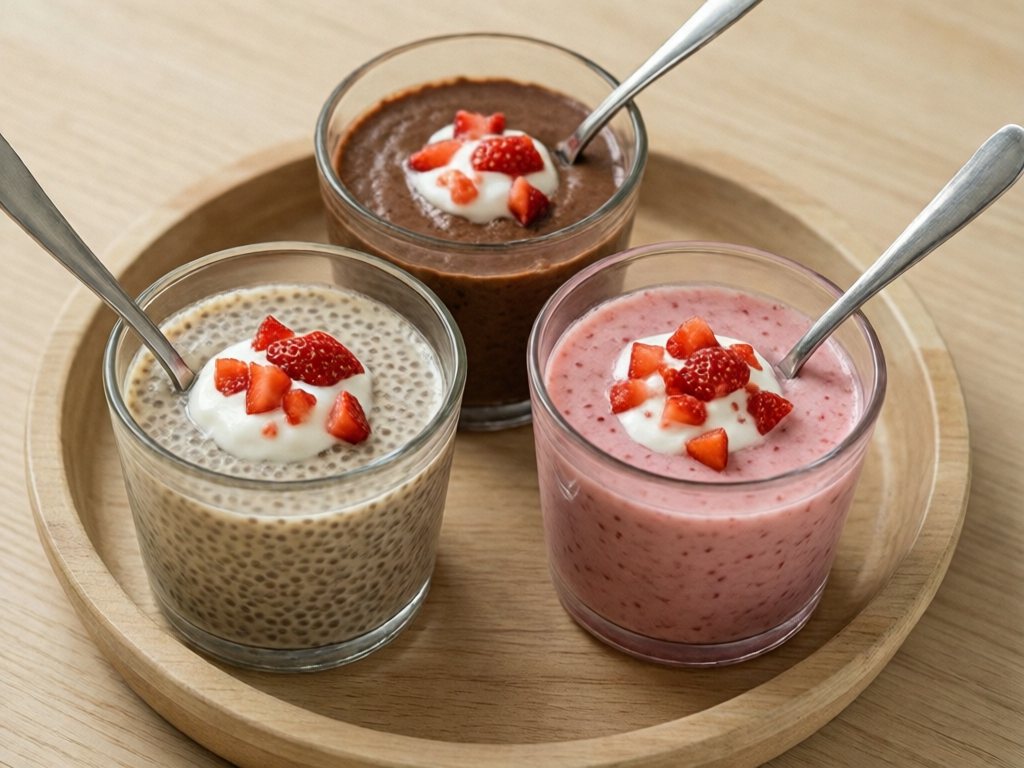 Three cups of gelled chia pudding in vanilla, chocolate and strawberry flavors