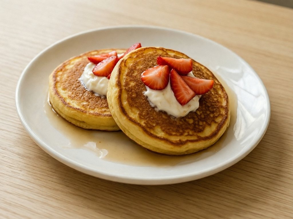 Two small Greek yogurt pancakes topped with yogurt and sliced strawberries