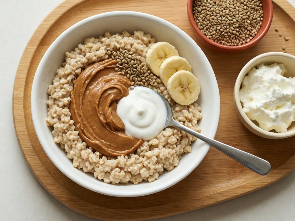Bowl of oatmeal with nut butter swirl, yogurt, hemp hearts and banana