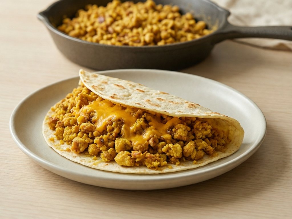 Breakfast taco filled with golden tofu scramble and melted cheese