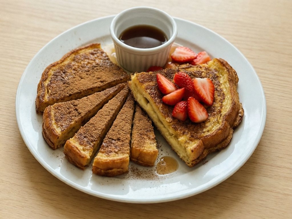 Egg-free French toast cut into strips with cinnamon and sliced strawberries on a white plate