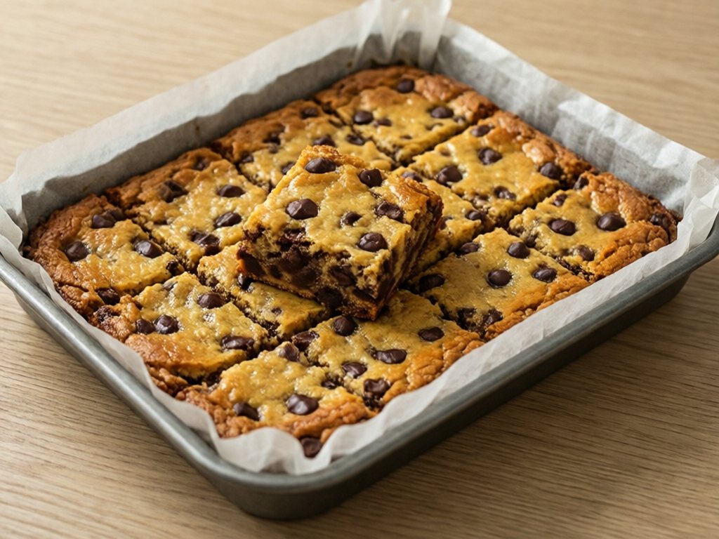 Pan of golden chocolate chip cookie bars cut into squares