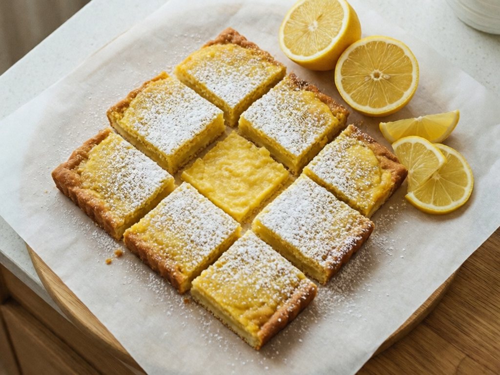 Powdered-sugar-dusted lemon bars on parchment with halved lemons