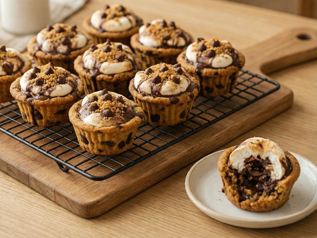 Mini s'mores cookie cups with toasted marshmallow and graham crumbs