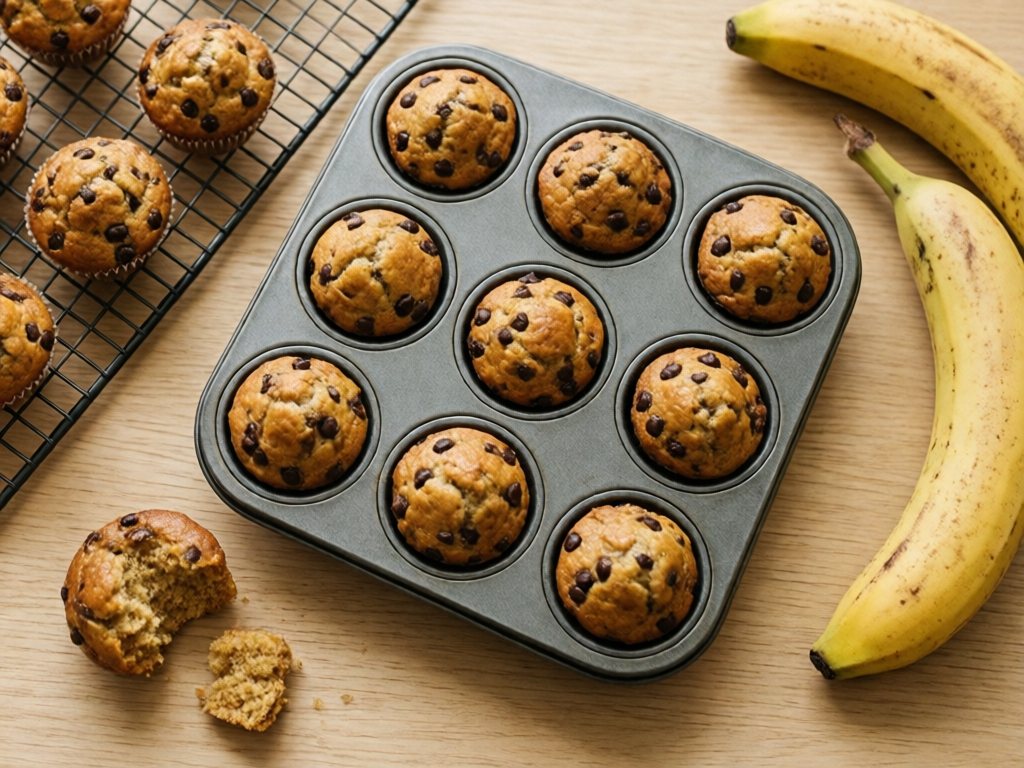 Banana chocolate chip mini muffins in a muffin tin with ripe bananas