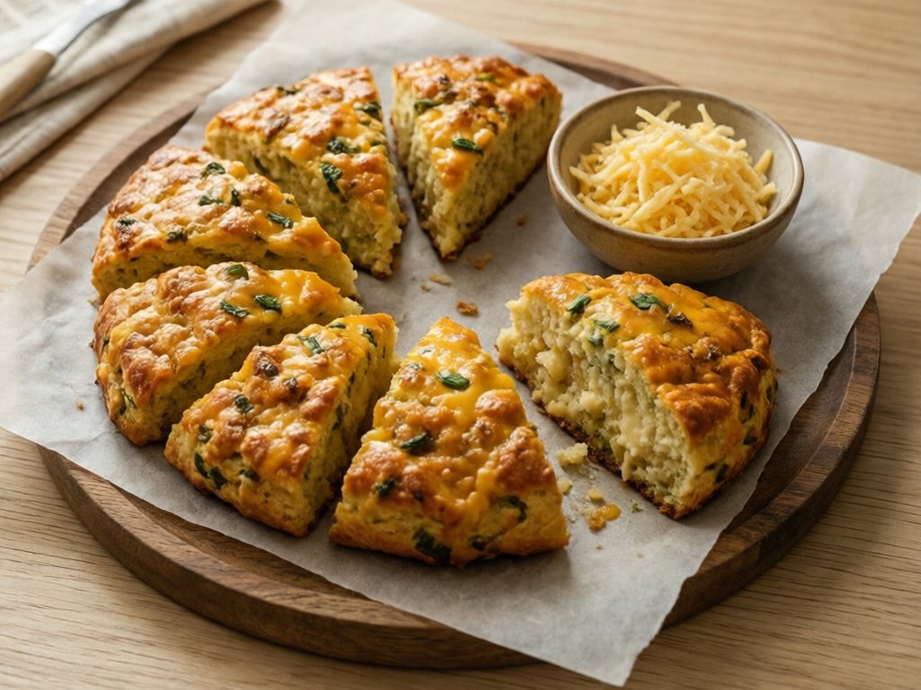 Golden cheddar chive scone wedges, one split open, on parchment