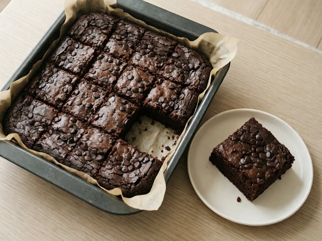 Fudgy brownie squares in a parchment-lined pan