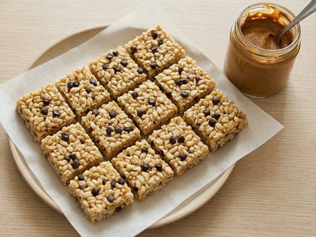 Thin tan crispy rice treats with mini chocolate chips beside a jar of seed butter