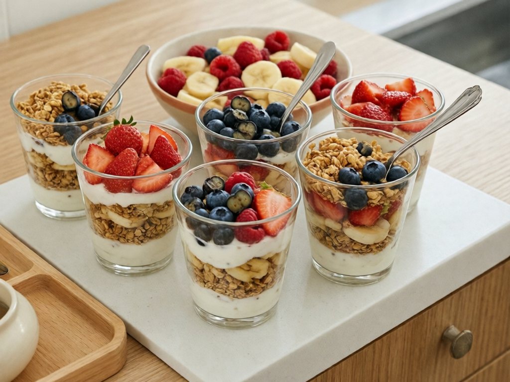 Six layered fruit and yogurt parfait cups with spoons