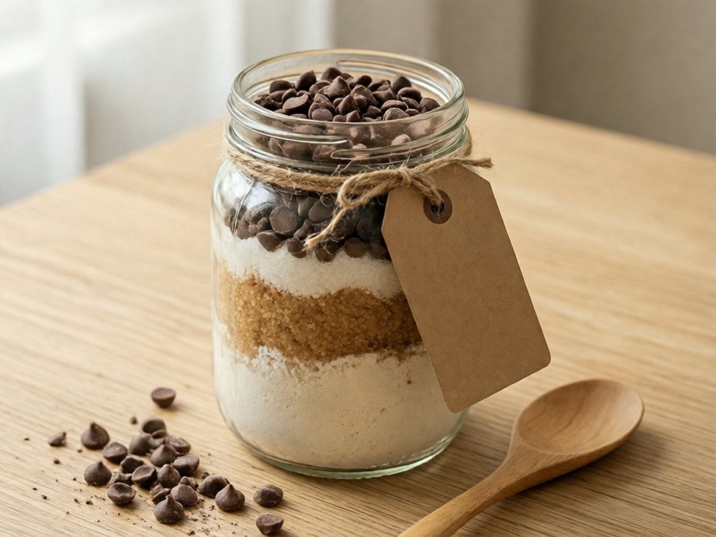 Layered cookie mix in a mason jar with a blank kraft tag