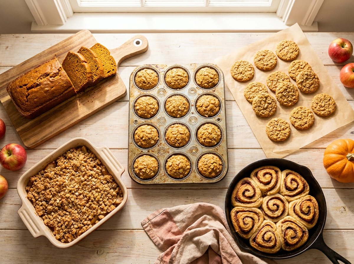 Overhead view of five finished fall bakes on a wooden table with apples and a small pumpkin