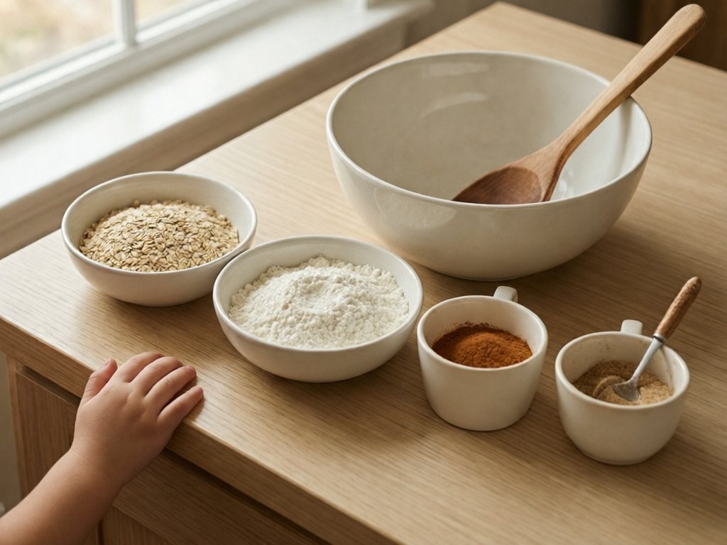 Small bowls of oats, flour and cinnamon lined up beside a large mixing bowl, a child's hand nearby
