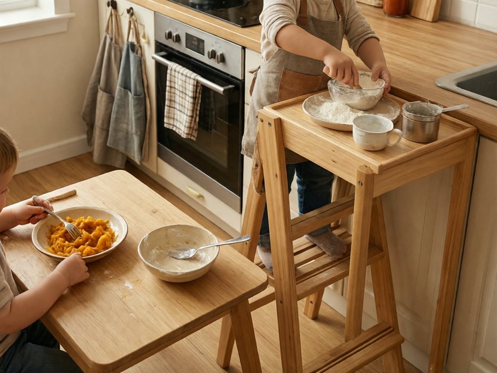 A low toddler table with a mashing bowl beside a counter where an older child measures flour