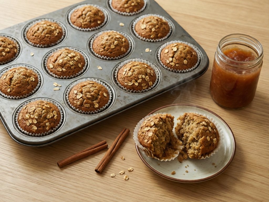 Golden applesauce oat muffins in a muffin tin with one broken open to show the crumb